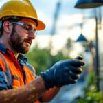 A photograph of a lighting contractor installing or inspecting wet location light fixtures in an outdoor setting