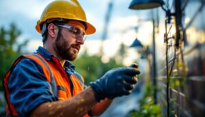 A photograph of a lighting contractor installing or inspecting wet location light fixtures in an outdoor setting