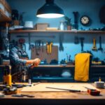 A photograph of a well-lit workshop or garage scene showcasing a 48-inch shop light in use