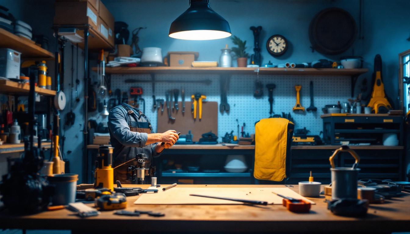 A photograph of a well-lit workshop or garage scene showcasing a 48-inch shop light in use