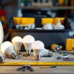 A photograph of a well-organized lighting contractor's toolkit featuring various pot light bulbs of different sizes