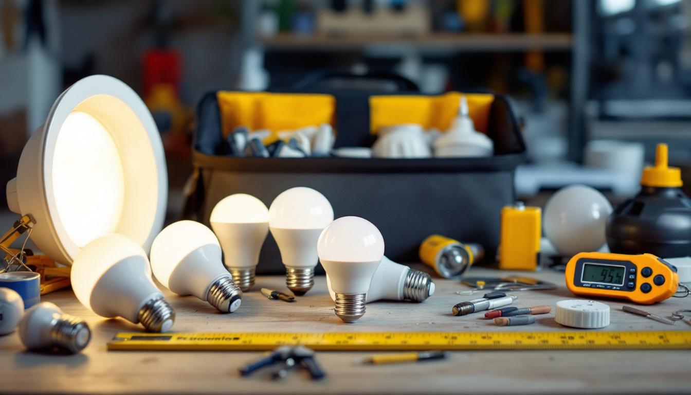 A photograph of a well-organized lighting contractor's toolkit featuring various pot light bulbs of different sizes