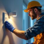 A photograph of a lighting contractor installing a motion detector light switch in a residential setting