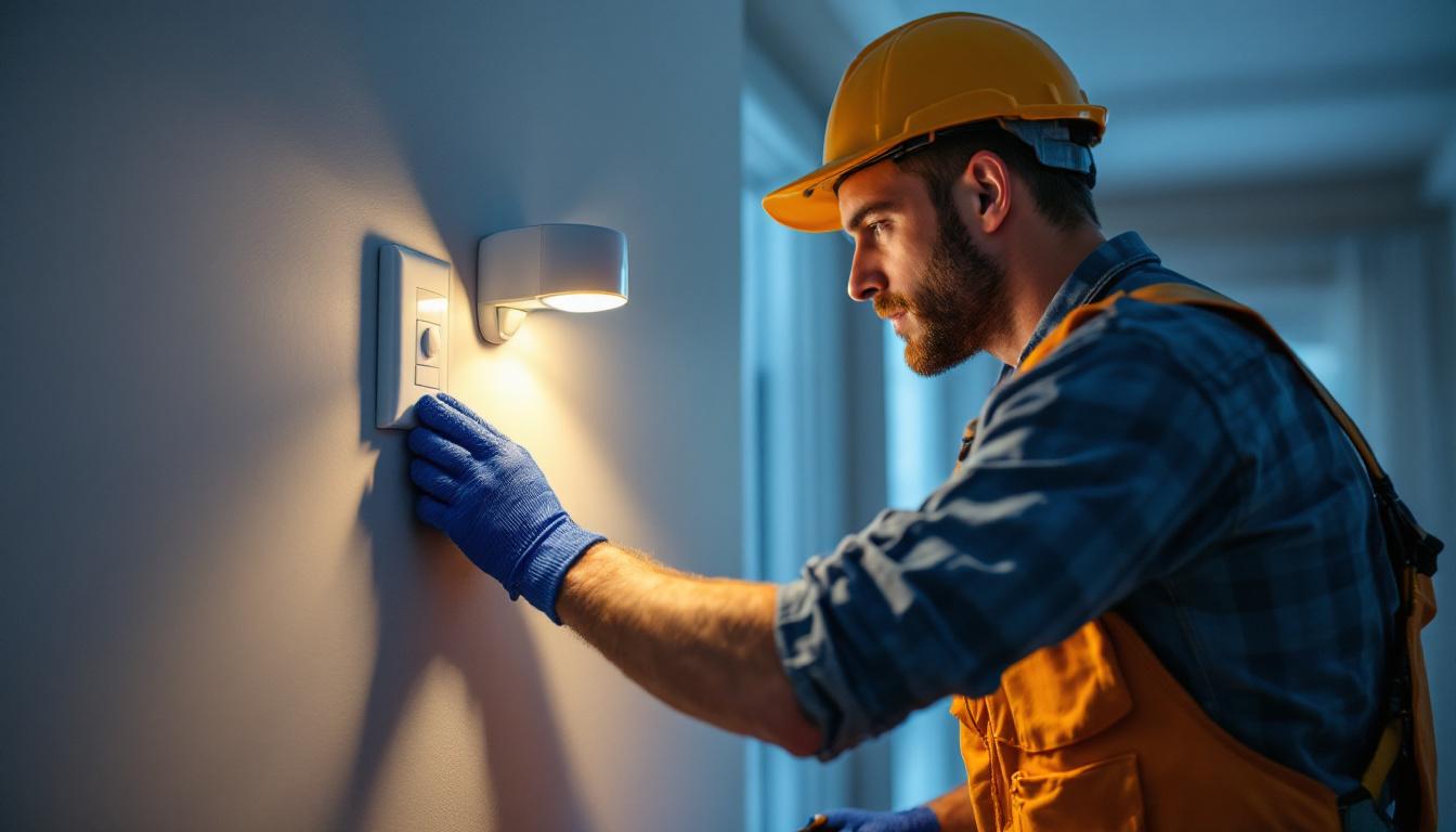 A photograph of a lighting contractor installing a motion detector light switch in a residential setting