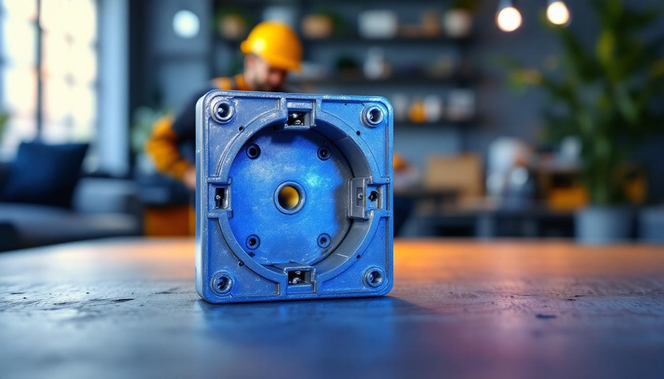 A photograph of a close-up shot of a junction box cover with knockouts