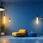 A photograph of a modern interior space featuring hanging light tubes in various designs
