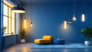 A photograph of a modern interior space featuring hanging light tubes in various designs