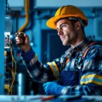 A photograph of an electrician expertly installing or inspecting an electrical box for lighting