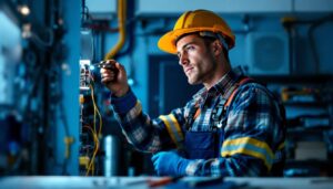 A photograph of an electrician expertly installing or inspecting an electrical box for lighting