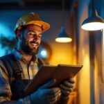 A photograph of a lighting contractor confidently working on a residential or commercial installation