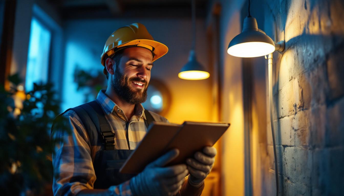 A photograph of a lighting contractor confidently working on a residential or commercial installation