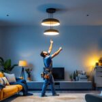 A photograph of a lighting contractor installing a pull-down ceiling lamp in a modern residential setting
