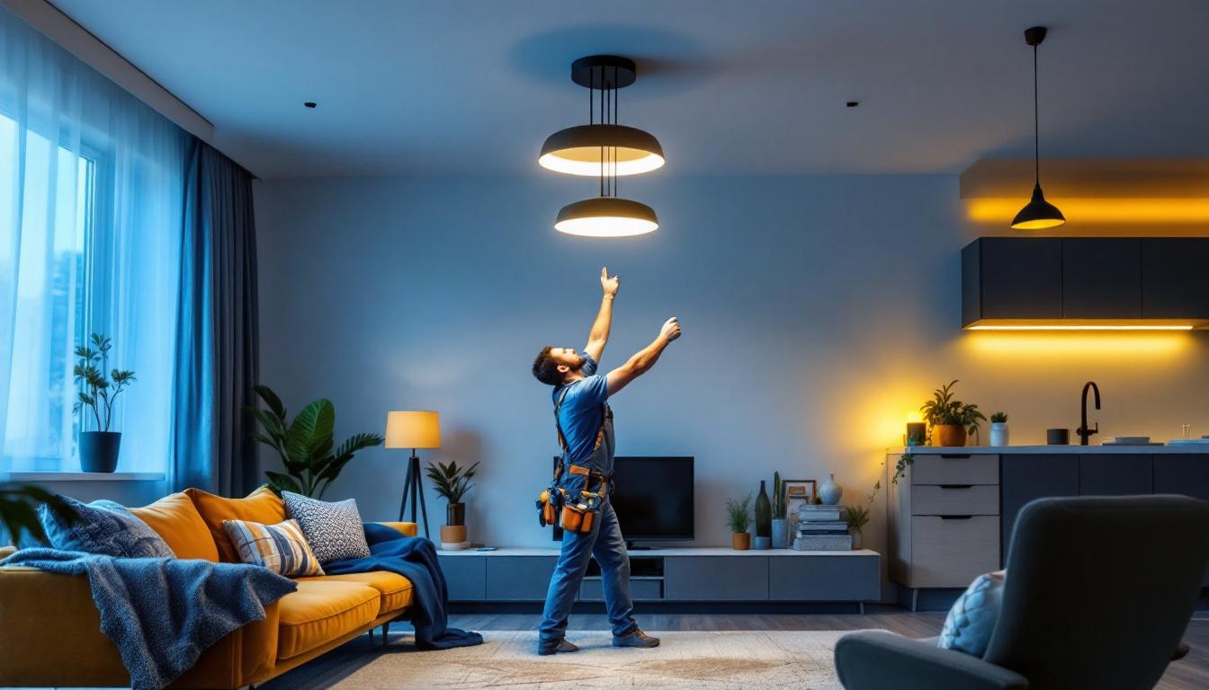 A photograph of a lighting contractor installing a pull-down ceiling lamp in a modern residential setting