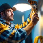 A photograph of a lighting contractor installing or showcasing energy-efficient led lights in a residential or commercial setting