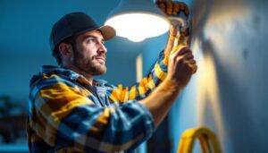 A photograph of a lighting contractor installing or showcasing energy-efficient led lights in a residential or commercial setting