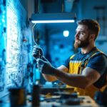 A photograph of a professional lighting contractor expertly wiring a fluorescent light fixture in a well-lit workshop