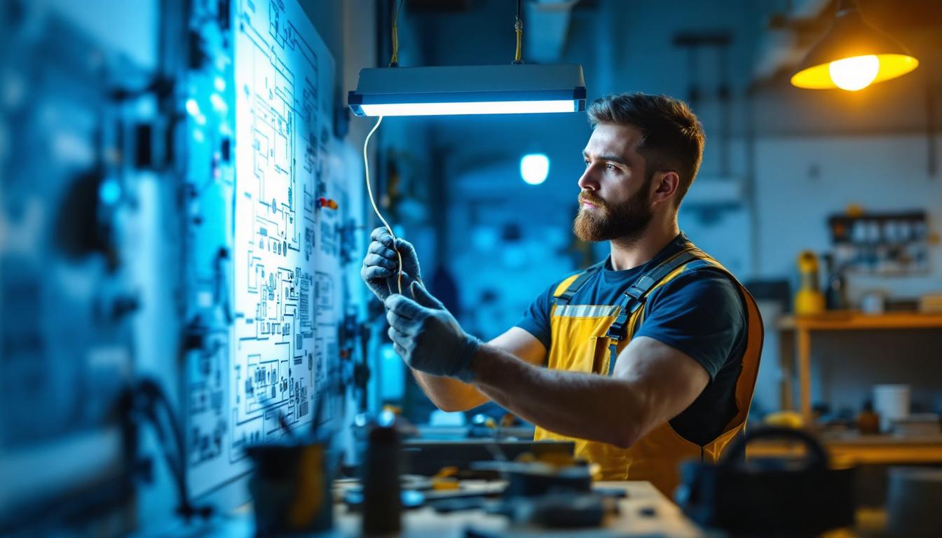 A photograph of a professional lighting contractor expertly wiring a fluorescent light fixture in a well-lit workshop