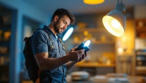 A photograph of a lighting contractor comparing 4-inch and 6-inch can lights in a well-lit room