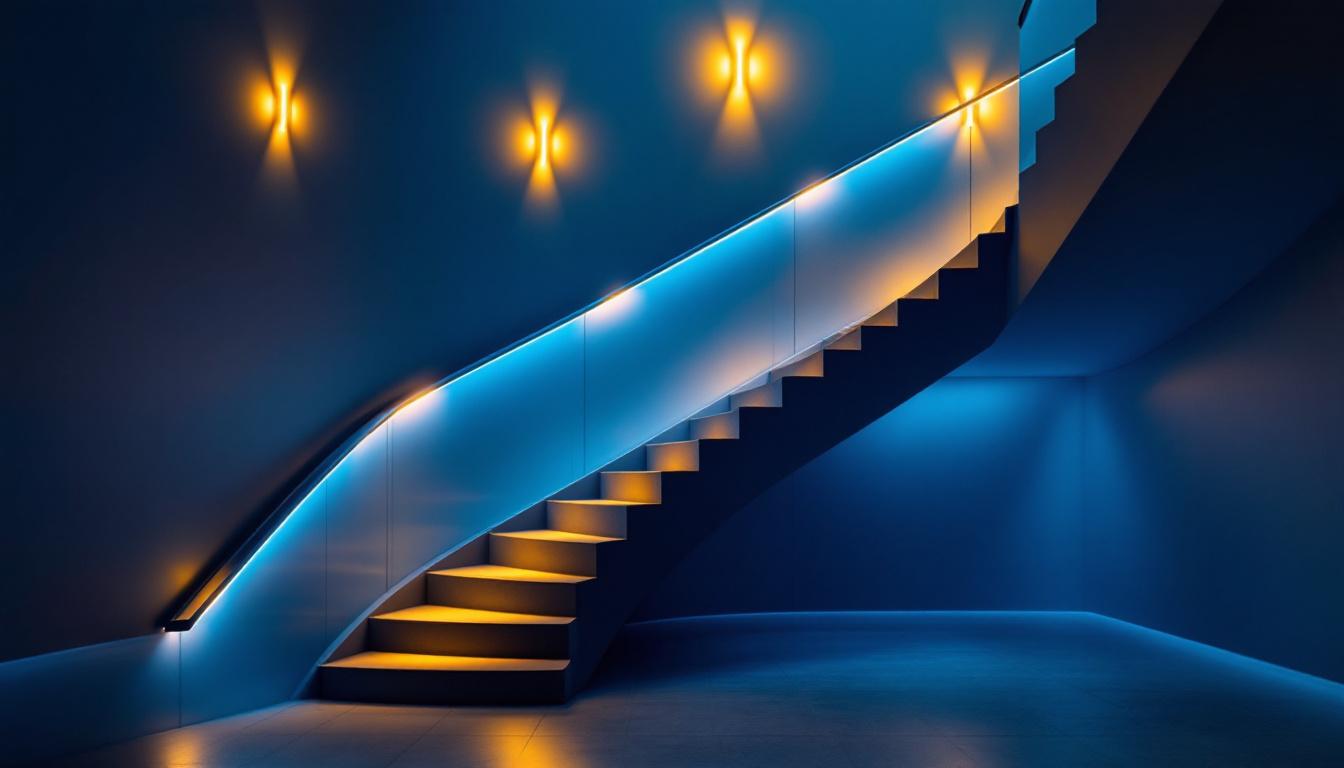 A photograph of a beautifully designed interior staircase illuminated by stylish lighting fixtures