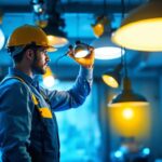 A photograph of a lighting contractor skillfully installing or adjusting various types of lighting fixtures in a residential or commercial setting