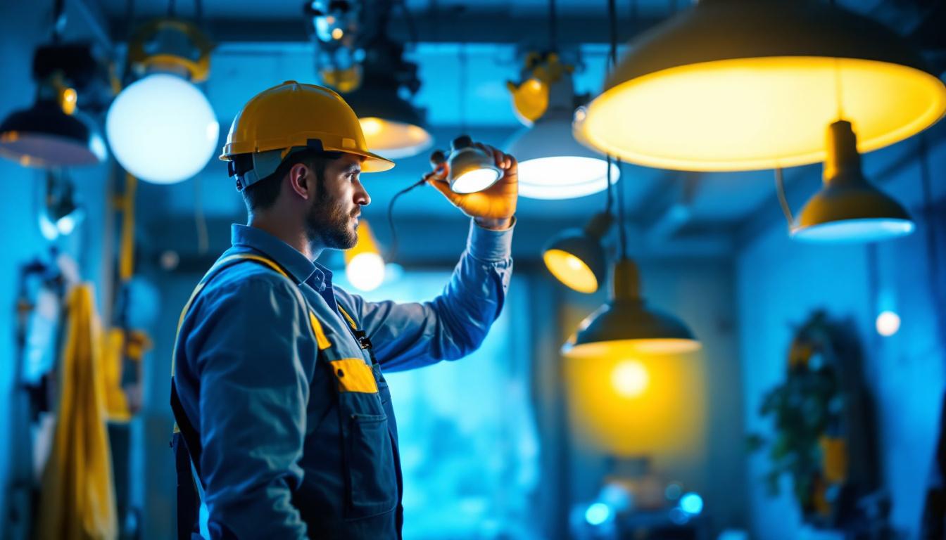 A photograph of a lighting contractor skillfully installing or adjusting various types of lighting fixtures in a residential or commercial setting