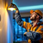 A photograph of a lighting contractor installing led lights in a modern residential setting