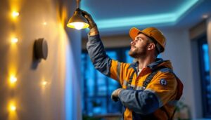 A photograph of a lighting contractor installing led lights in a modern residential setting