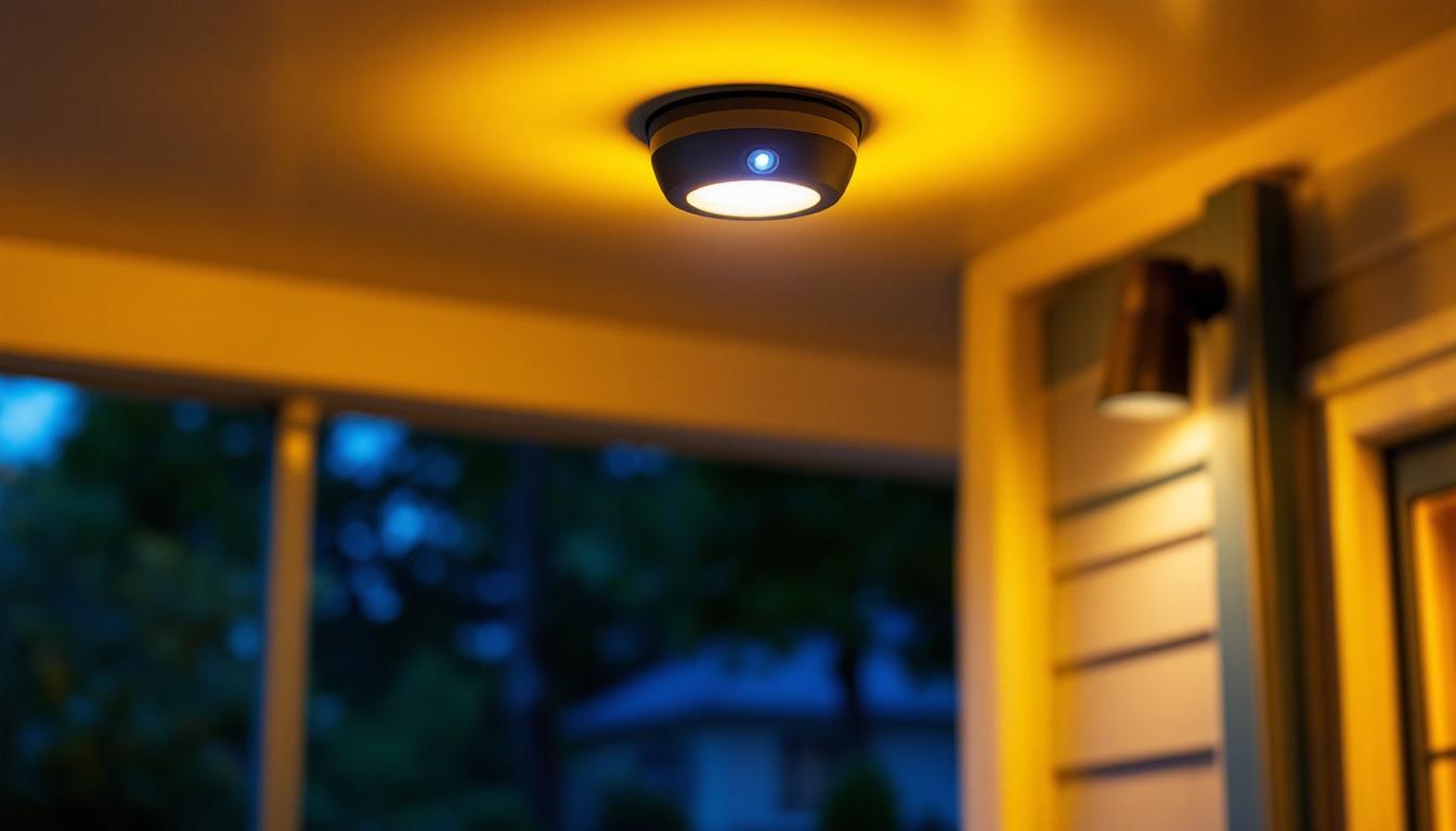 A photograph of a motion detector porch ceiling light in action