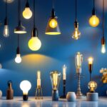 A photograph of a beautifully arranged display of various light fixtures in a stylish home setting