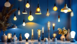 A photograph of a beautifully arranged display of various light fixtures in a stylish home setting