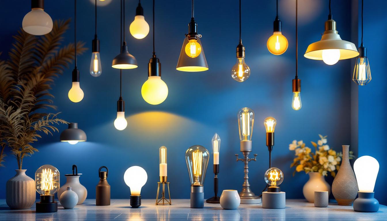 A photograph of a beautifully arranged display of various light fixtures in a stylish home setting