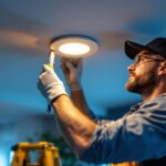 A photograph of a skilled lighting contractor installing a sleek led recessed light retrofit in a modern ceiling