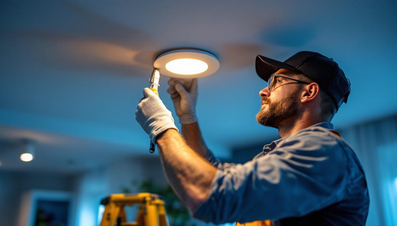 A photograph of a skilled lighting contractor installing a sleek led recessed light retrofit in a modern ceiling