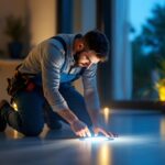 A photograph of a lighting contractor installing motion sensor floor lights in a modern residential setting