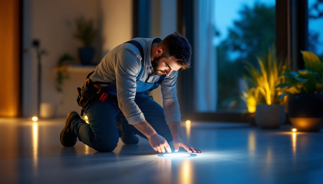 A photograph of a lighting contractor installing motion sensor floor lights in a modern residential setting