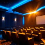 A photograph of a beautifully designed theater room featuring ambient lighting
