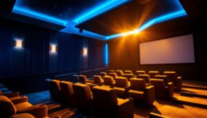 A photograph of a beautifully designed theater room featuring ambient lighting
