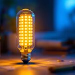 A photograph of a close-up of a corn cob led light bulb illuminated in a cozy
