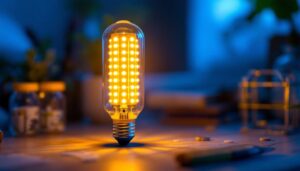 A photograph of a close-up of a corn cob led light bulb illuminated in a cozy