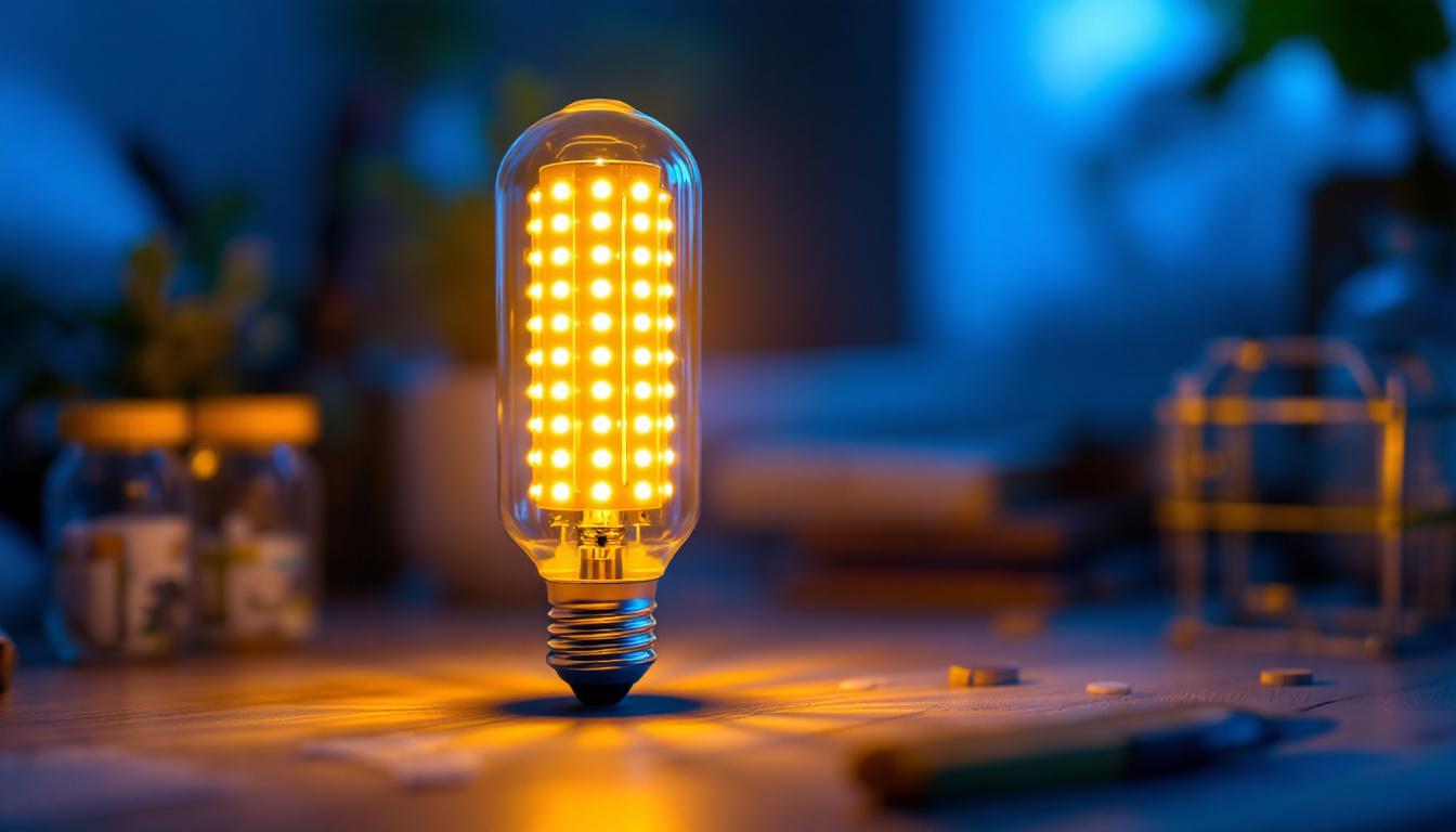 A photograph of a close-up of a corn cob led light bulb illuminated in a cozy