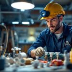 A photograph of a skilled lighting contractor installing or inspecting various types of light sockets in a well-lit