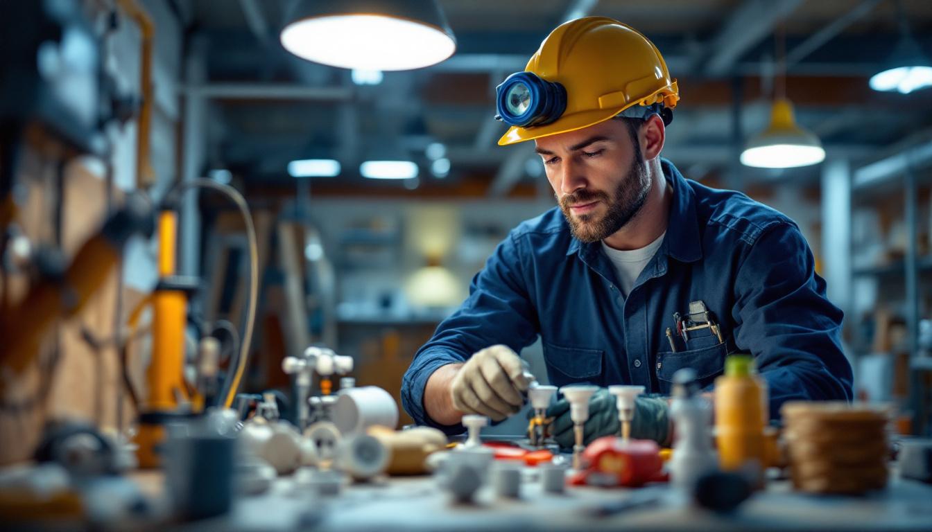 A photograph of a skilled lighting contractor installing or inspecting various types of light sockets in a well-lit