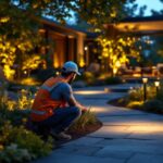 A photograph of a skilled lighting contractor expertly installing solera solar lighting in a beautifully landscaped outdoor space