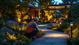 A photograph of a skilled lighting contractor expertly installing solera solar lighting in a beautifully landscaped outdoor space