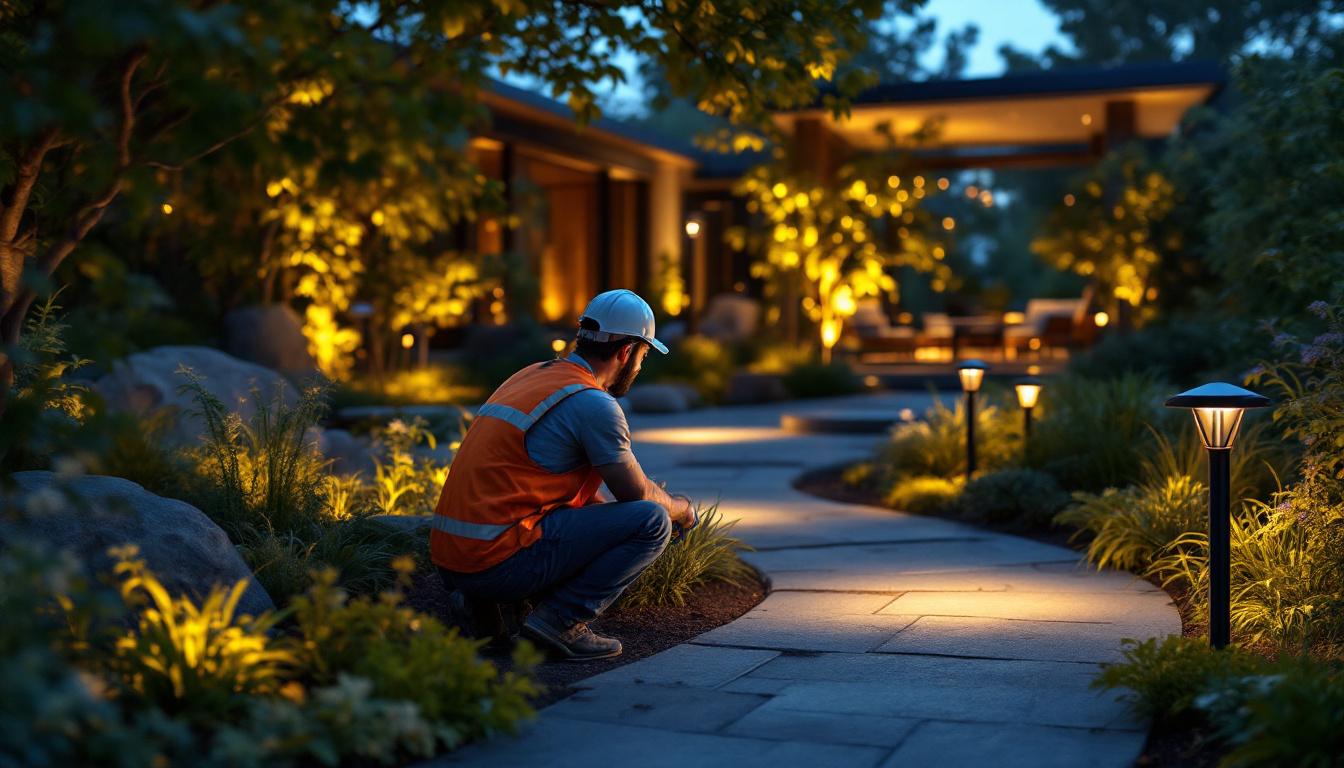 A photograph of a skilled lighting contractor expertly installing solera solar lighting in a beautifully landscaped outdoor space