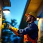 A photograph of a lighting contractor installing an outdoor light equipped with a day-night sensor in a residential setting