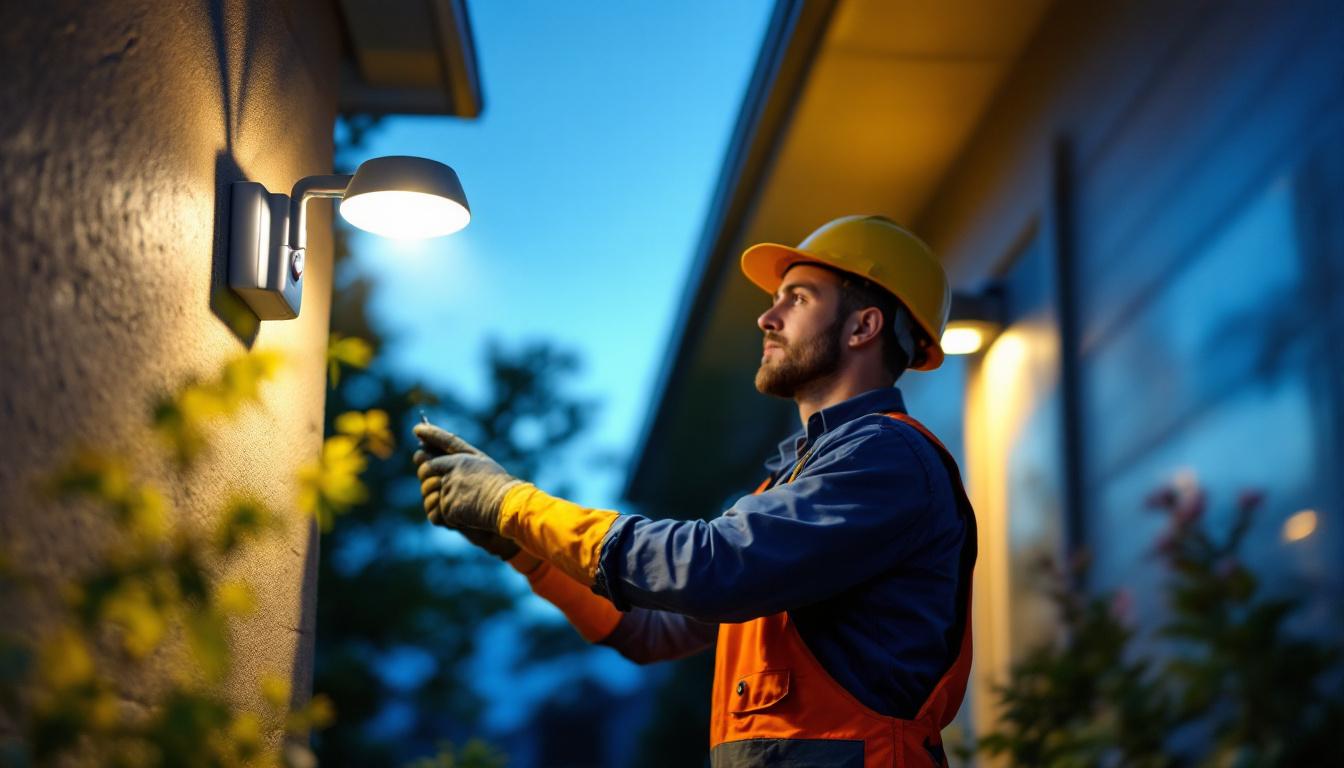 A photograph of a lighting contractor installing an outdoor light equipped with a day-night sensor in a residential setting