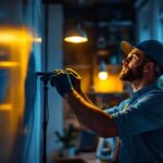 A photograph of a lighting contractor skillfully adjusting a sophisticated lighting installation in a modern interior space