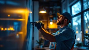 A photograph of a lighting contractor skillfully adjusting a sophisticated lighting installation in a modern interior space
