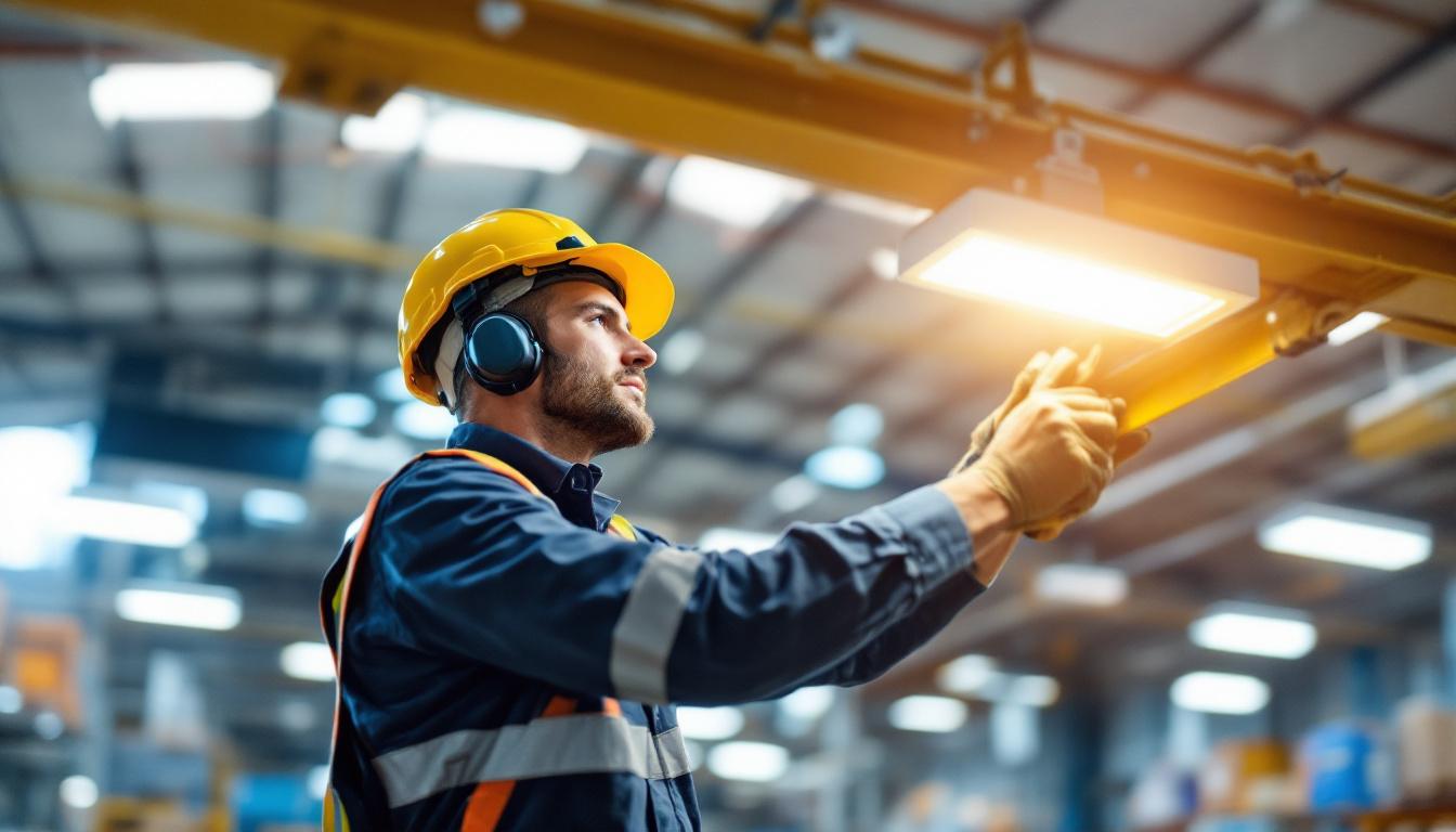 A photograph of a lighting contractor expertly installing low bay led lights in a spacious industrial setting